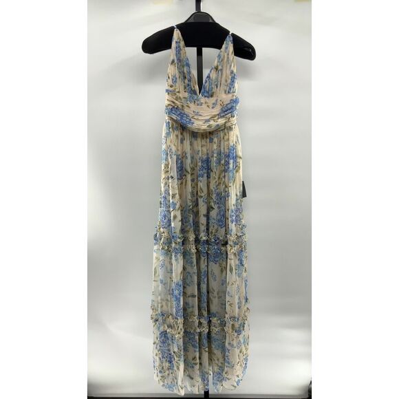 Lulus Dresses & Skirts - Lulus Women Niora Beige And Blue Floral Pleated Maxi Dress Cream Basic Sleeved M